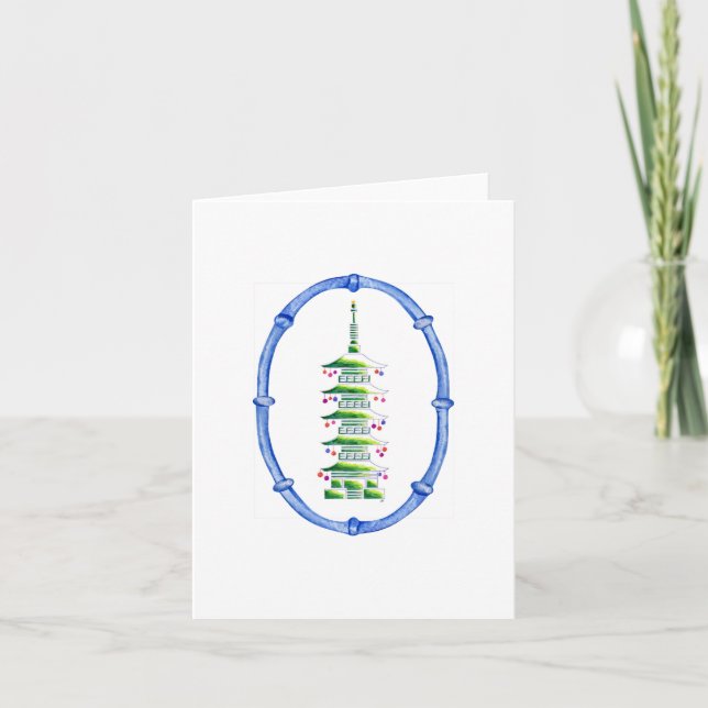 Bamboo Chinoiserie Pagoda Christmas Tree Note Card (Front)