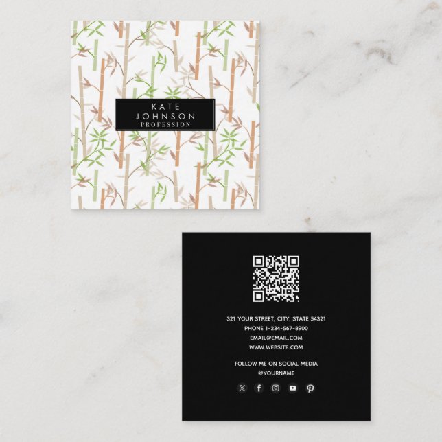 Bamboo Foliage Oriental Greenery Leaves QR Code Square Business Card (Front/Back)