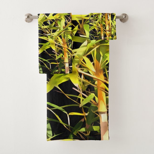 Bamboo Foliage Tropical Art On Black Bath Towel Set (Insitu)