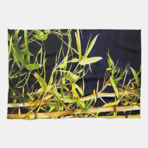 Bamboo Foliage Tropical Art On Black Kitchen Towel