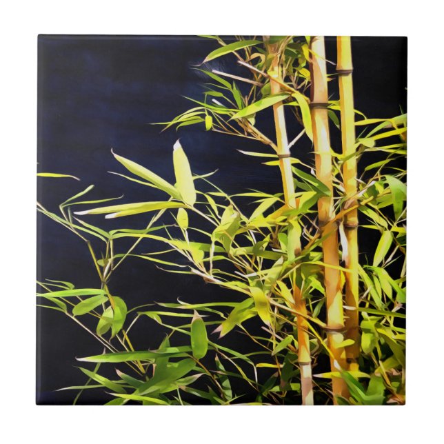 Bamboo Foliage Tropical Art On Black Tile (Front)