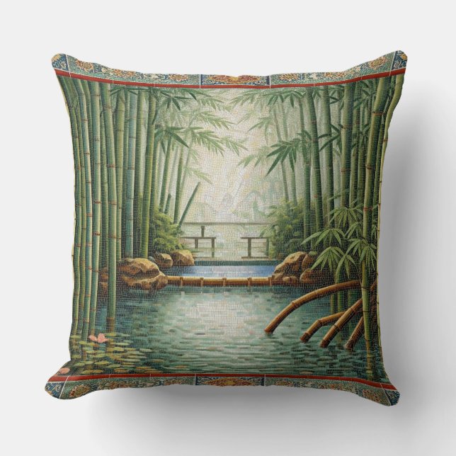 Bamboo Forest Hot Spring Mosaic Throw Pillow (Front)