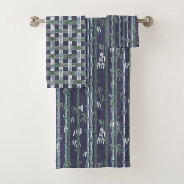 Bamboo Forest Mid Century Modern Navy Bath Towel Set (Insitu)