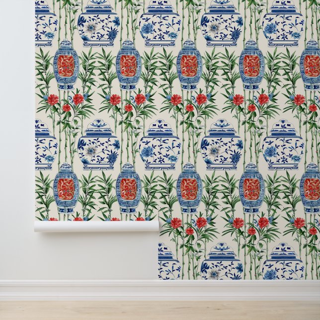 Bamboo Ginger Jar Chinese Pattern Peel And Stick Wallpaper (Application)