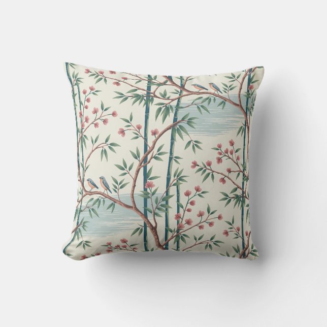Bamboo Grove Birds Throw Pillow (Front)