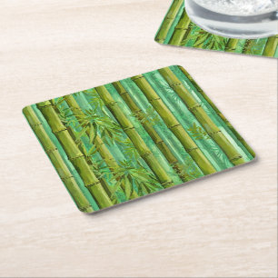 Bamboo Jungle Grove Warm Cool Greens Square Paper Coaster