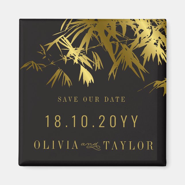 Bamboo Leaves Black + Gold Save The Date Magnet (Front)
