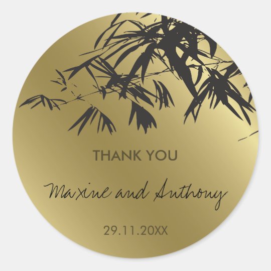 Bamboo Leaves Black Gold Thank You Wedding Sticker