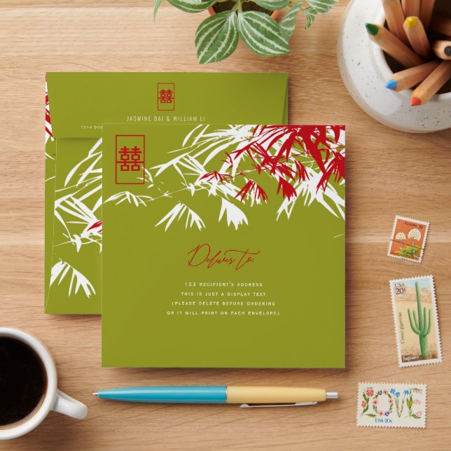 Bamboo Leaves Double Happiness Chinese Wedding Envelope (Desk)