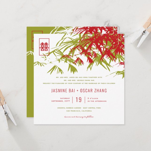 Bamboo Leaves Double Happiness Chinese Wedding Invitation (Front/Back In Situ)