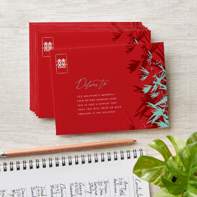 Bamboo Leaves Double Happiness Wedding Envelope (Stacked)