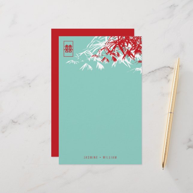 Bamboo Leaves + Double Xi Blue Wedding Stationery (Front/Back In Situ)