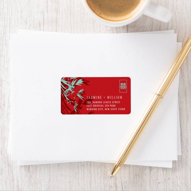 Bamboo Leaves Shuang Xi Chinese Wedding Address Label (Insitu)