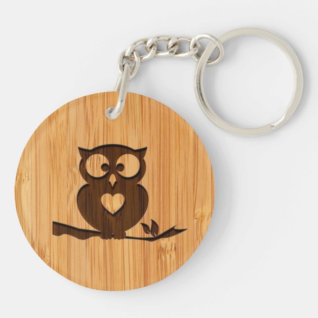 Bamboo Look & Engraved Cute Owl in Tree Keychain (Back)
