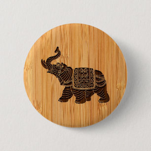 Bamboo Look & Engraved Retro Thai Elephant 2 Inch Round Button