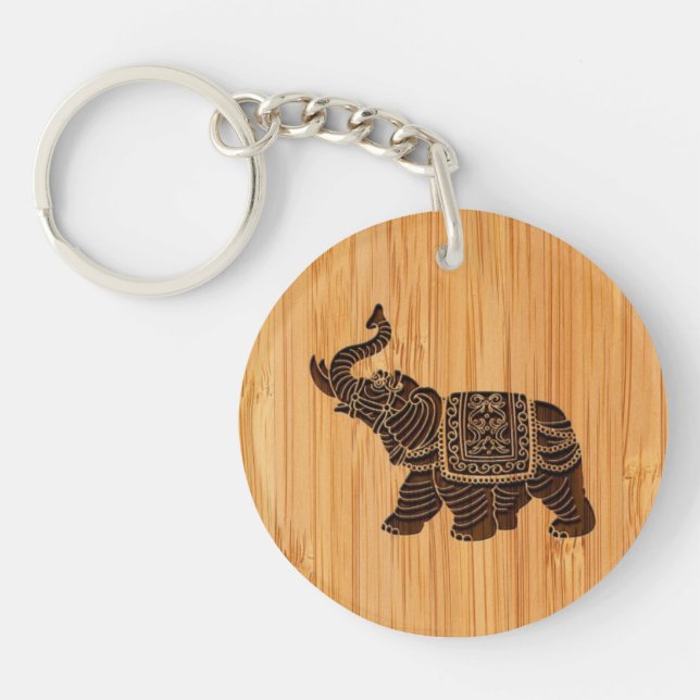 Bamboo Look & Engraved Retro Thai Elephant Keychain (Front)