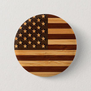 Bamboo Look & Engraved Vintage American USA Flag 2 Inch Round Button