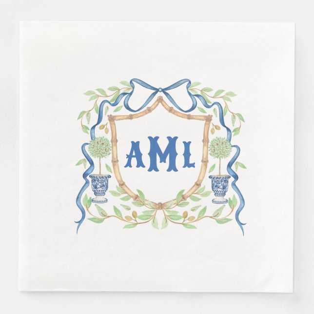 Bamboo & Olive Topiary Crest | Monogram Napkin (Front)