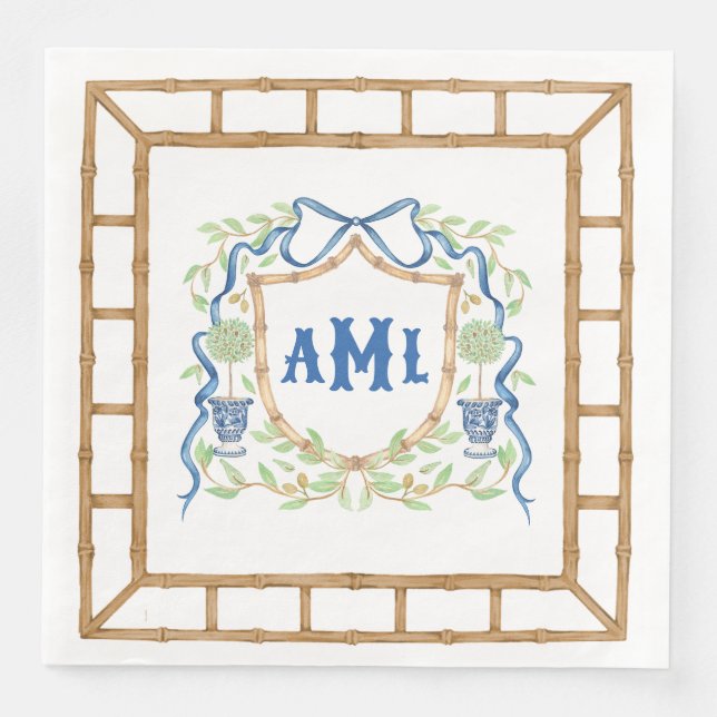 Bamboo & Olive Topiary Crest | Monogram Napkin (Front)