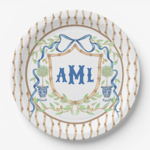 Bamboo & Olive Topiary Crest   Monogram Paper Plate