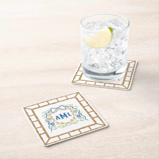 Bamboo & Olive Topiary Crest | Monogram Square Paper Coaster (Insitu)