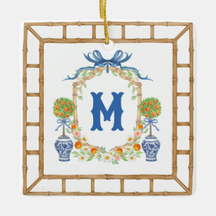 Bamboo & Orange Topiary Crest   1-Letter Monogram Ceramic Ornament