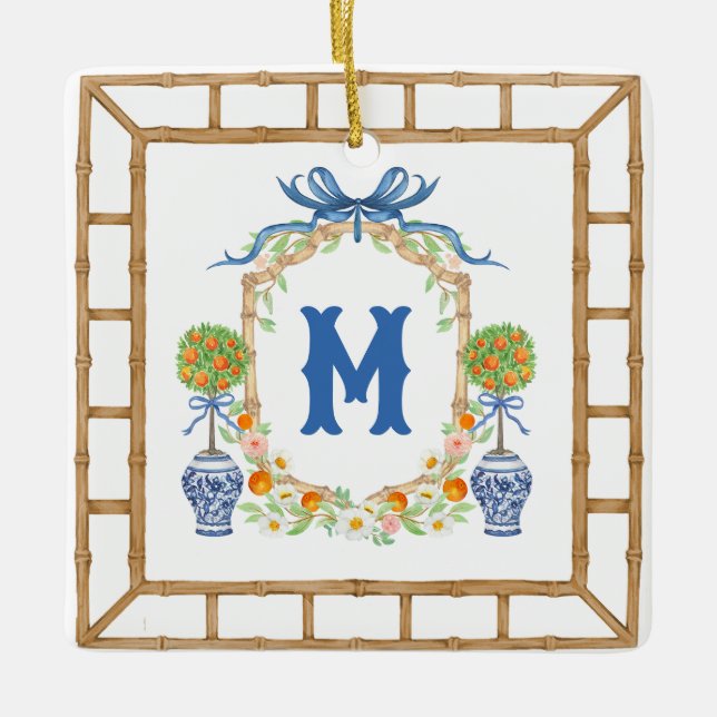 Bamboo & Orange Topiary Crest | 1-Letter Monogram Ceramic Ornament (Front)
