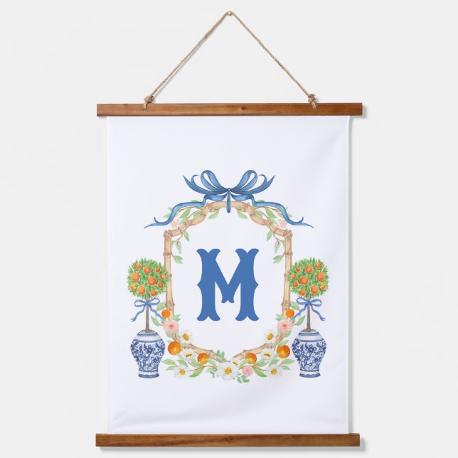 Bamboo & Orange Topiary Crest | 1-Letter Monogram Hanging Tapestry (Front)
