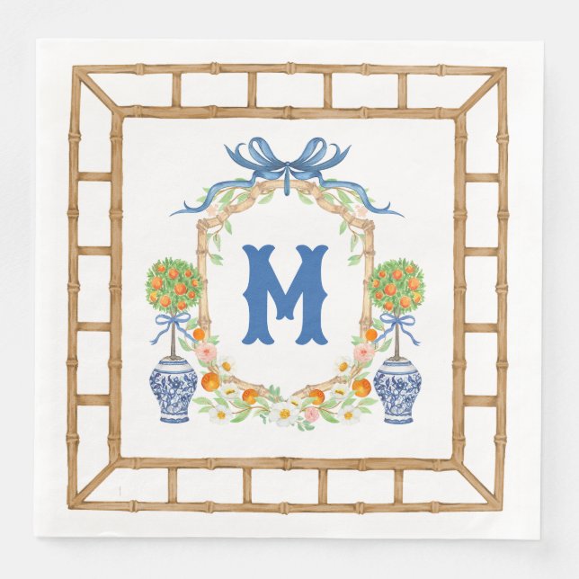 Bamboo & Orange Topiary Crest | 1-Letter Monogram Napkin (Front)