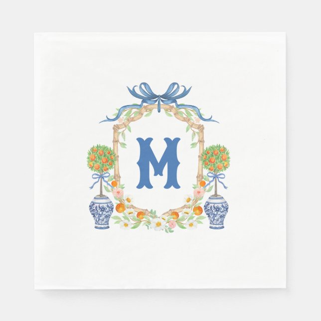 Bamboo & Orange Topiary Crest | 1-Letter Monogram Napkin (Front)