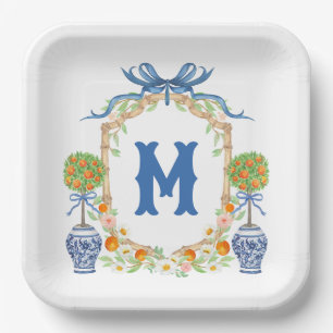 Bamboo & Orange Topiary Crest   1-Letter Monogram Paper Plate