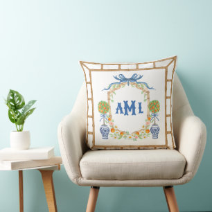 Bamboo & Orange Topiary Crest 3-Letter Monogram Throw Pillow