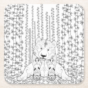 Bamboo Panda Doodle Square Paper Coaster