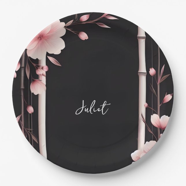Bamboo Pink Sakura Cherry Blossom Bridal Shower Paper Plate (Front)