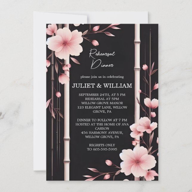 Bamboo Pink Sakura Cherry Blossom Rehearsal Dinner Invitation (Front)