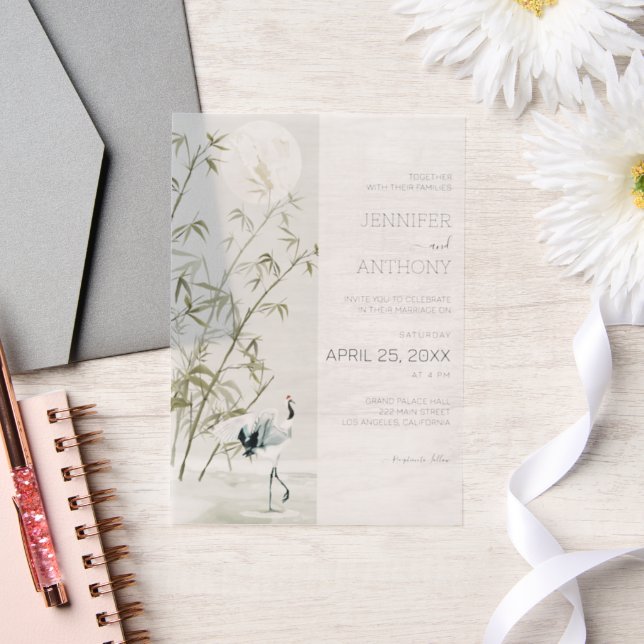 Bamboo Plants and Crane Wedding Vellum Invitations (Wedding)