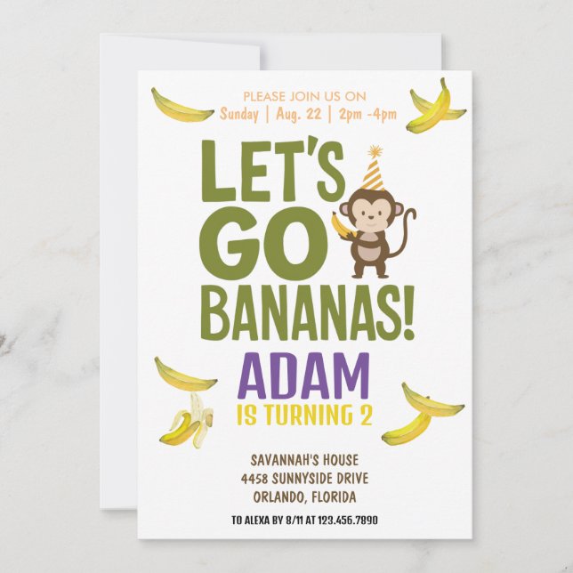 banana birthday party EDITABLE bananas invite (Front)