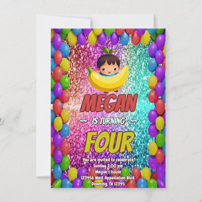 Banana cartoon birthday invite for kids (Front)