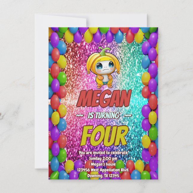 Banana cartoon birthday invite for kids (Front)