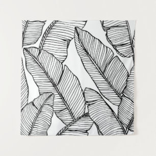 Banana Leaf Black White Illustration Tapestry