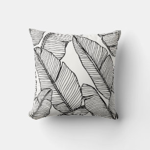 Banana Leaf Black White Illustration Throw Pillow
