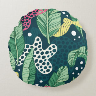 Banana leaves abstract, trendy colours round pillow