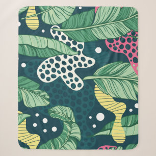 Banana leaves abstract, trendy colours sherpa blanket