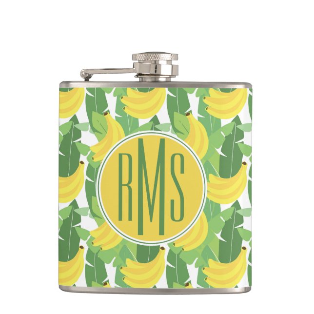 Banana Leaves And Fruit Pattern | Monogram Hip Flask (Front)
