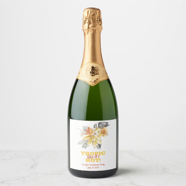 Banana Leaves Tropic like it's Hot! Bachelorette Sparkling Wine Label (Front)
