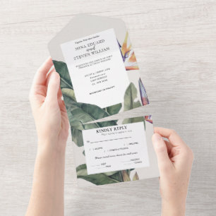 Banana Leaves tropical watercolor wedding  All In One Invitation