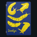 Banana Slugs Yellow and Blue Personalized iPad Pro Cover<br><div class="desc">Protect your iPad in style with this personalized cover. It features illustrations of banana slugs in a bright sunny yellow set against a royal blue background,  and is ready to be personalized with a name in yellow script lettering.</div>