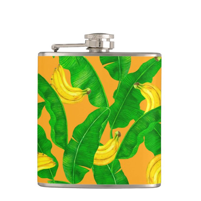 Bananas and leaves watercolor design hip flask (Front)