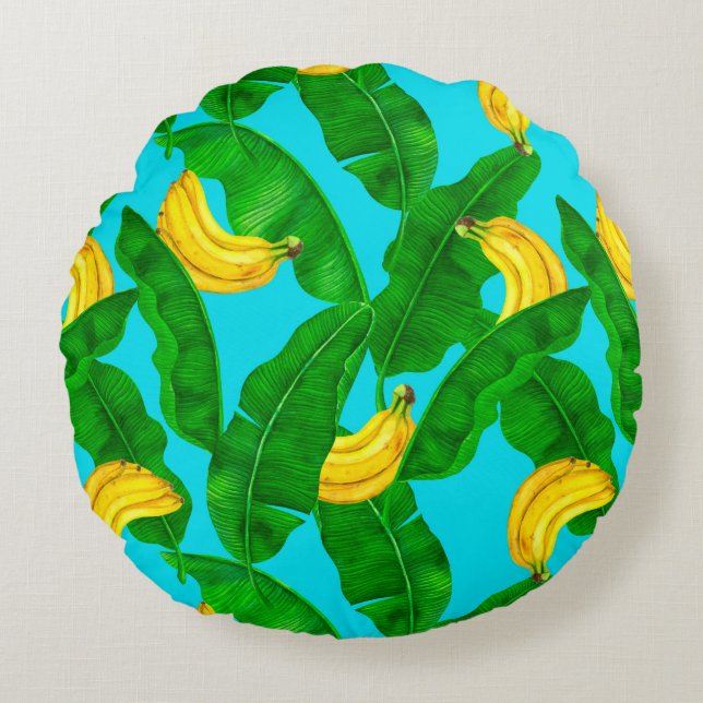 Bananas and leaves watercolor design round pillow (Front)