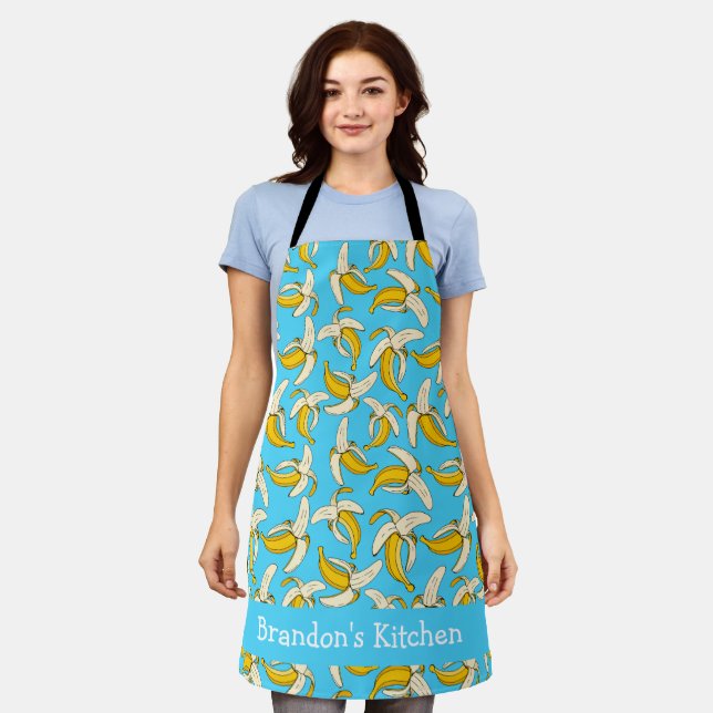 Bananas Tropical Blue and Yellow Fruit Pattern Apron (Worn)